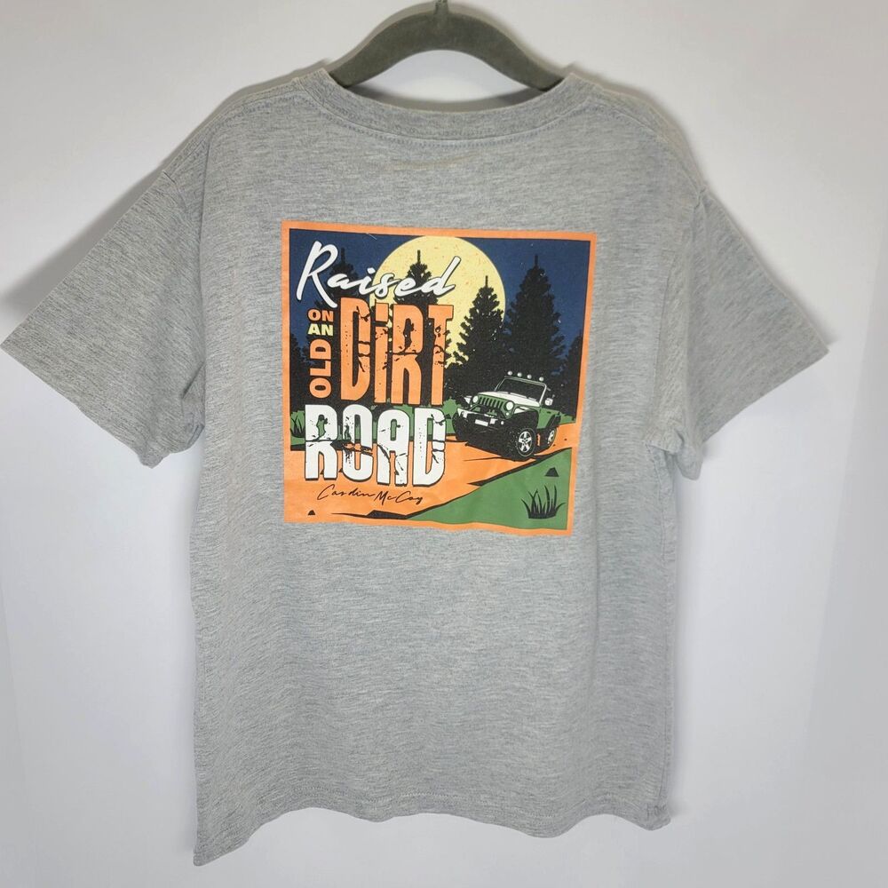 Cardin McCoy Heather Gray Short Sleeve Shirt (Size M) Old Dirt Road w/ Jeep